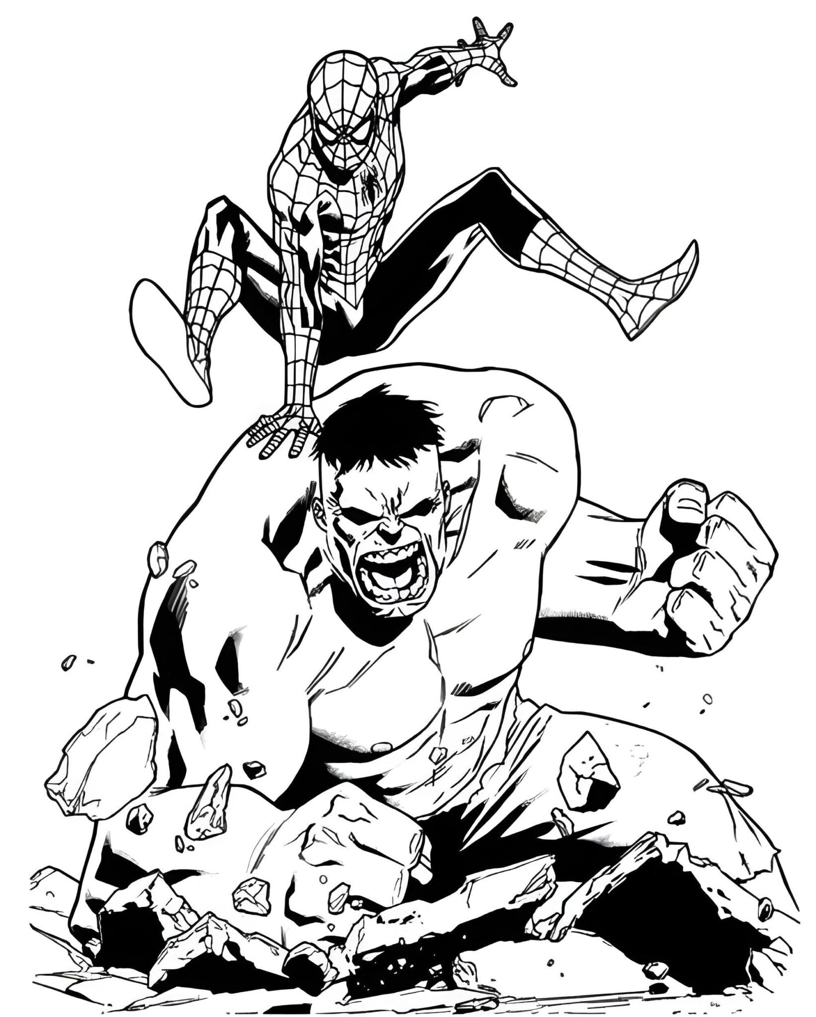 Imagem do hulk e homem aranha em batalha para colorir - Mr Desenho